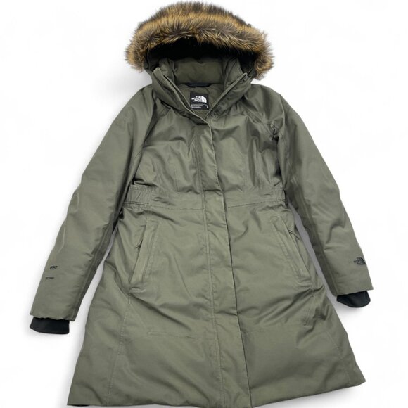 The North Face 550 Goose Down Parka Faux Fur Olive Green Removable Hood Womens M - Picture 1 of 16